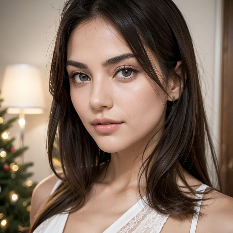 Describe the face of a young, attractive Italian woman, focusing on freshness, natural beauty, and distinct features. Bring out delicate features that lend confidence to her gaze, and describe her deep-set eyes as radiating life, reflecting the sun in a beautiful olive hue. Also, accentuate the allure of her lips, adding charm and expressing both subtlety and self-assurance. Taking selfie. Christmas tree in background