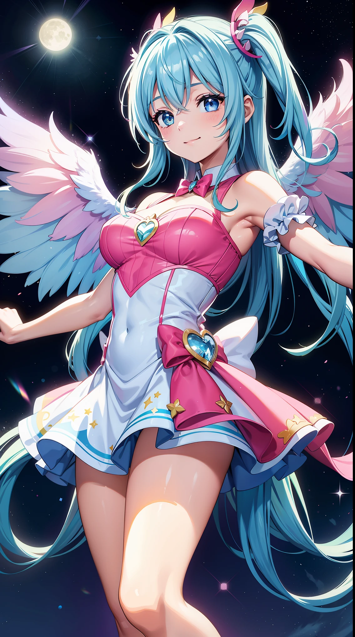 Super Idol　a beauty girl　A charming smile　sky blue hair　length hair　Twin-tailed　Glittery bright pink and white and blue and yellow outfit　facing front　Angel wings on background　Mystical　Fantasia　constellation　a moon　Crystal Brilliance　Aurora Borealis in the Night Sky