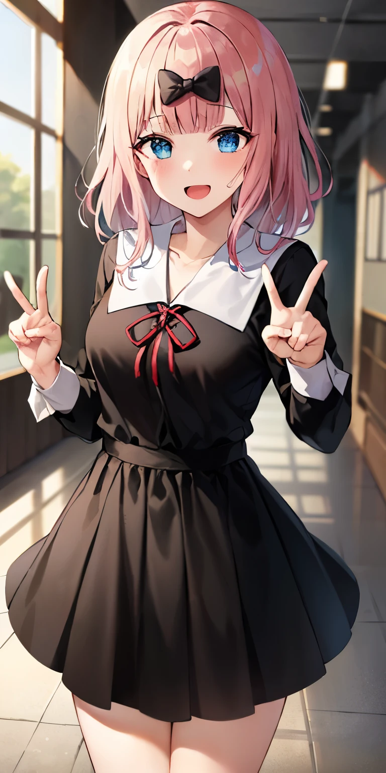 2D, ​masterpiece, top-quality, animesque, ighly detailed, cowboy  shot, 1girl in, 独奏, fujiwara chika, blue eyess, A pink-haired, Hair Bow, Black bow, 校服, 夏の校服, is standing, school hallway, (Double peace:1.3), The best smile, open open mouth