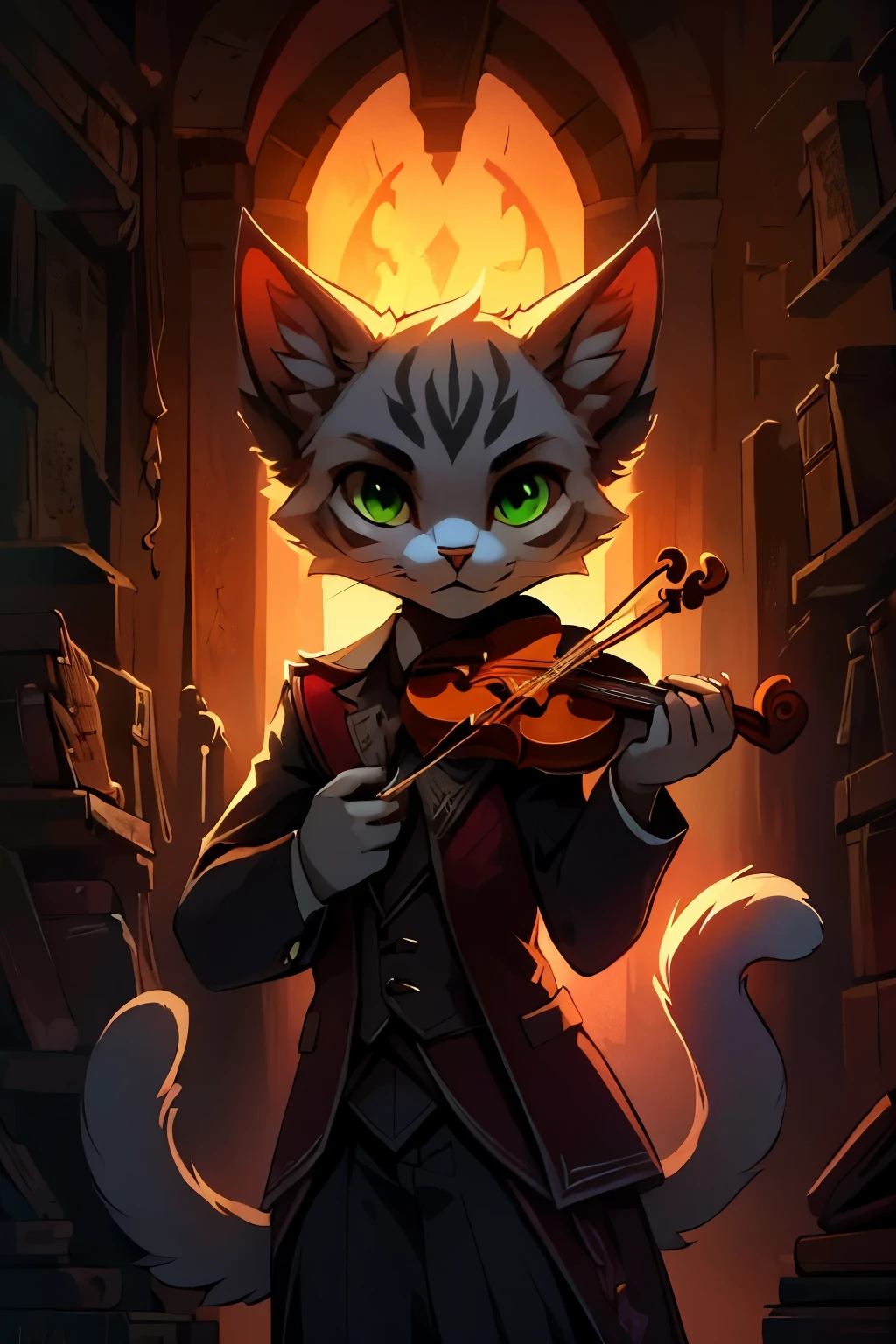 (best quality,highres),1 boy, , furry, cat, domestic cat, black cat, nekomata, twin tails, male, solo, green eyes, white fur, two tails, bard, dnd art style, clothed, playing the violin, in a dark environment, violin, dark intentions