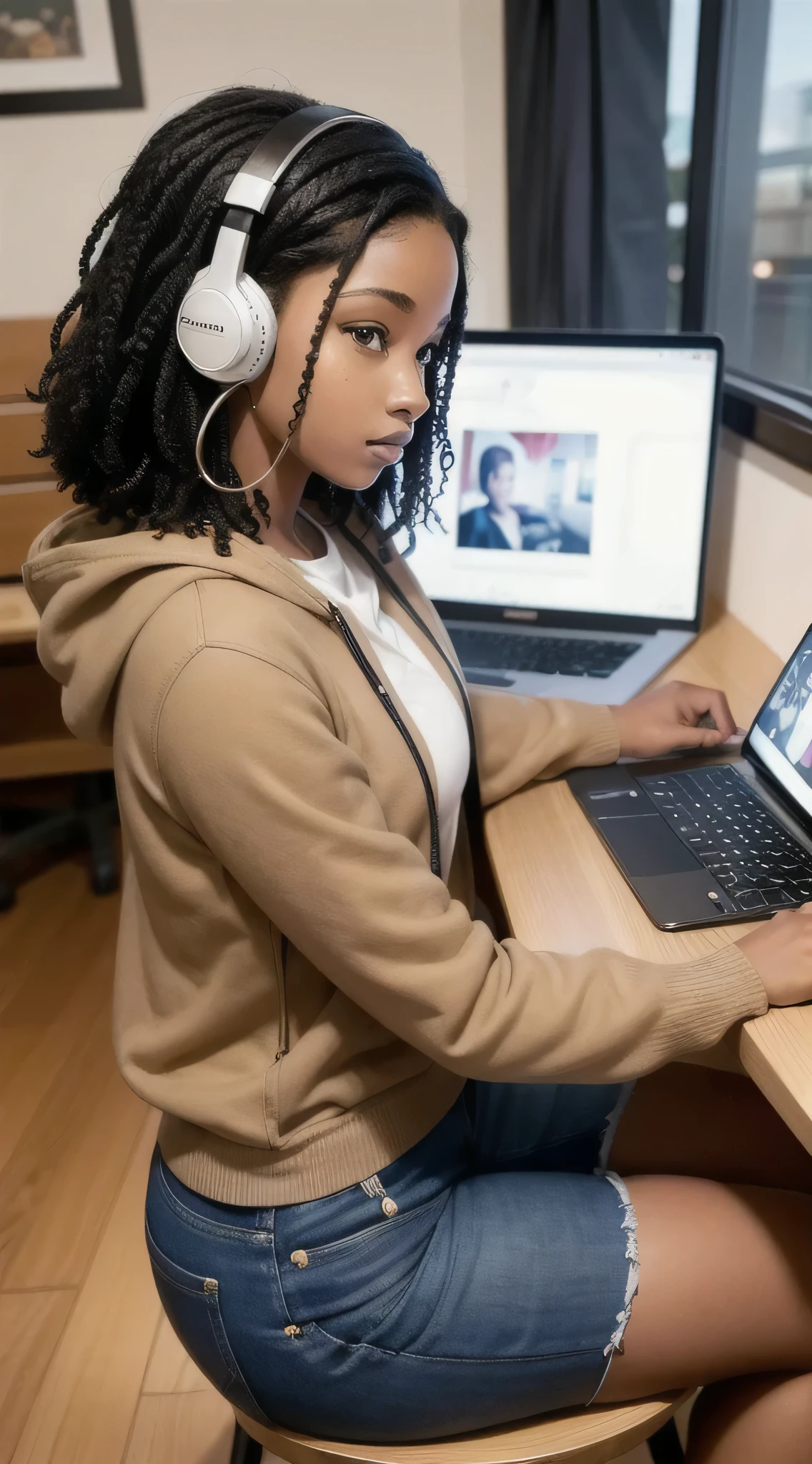 African-american, studying, using laptop, sitting at a desk, staring at laptop, side view, looking at laptop, black girl with short curly wearing a gaming headset. she's doing a collage course on her pc. her room is cozy with lots of books and plants. she's wearing a hoodie and jeans. She have a sad facial expression. her ears are pierced with beautiful earrings. she's beautiful and elegant.