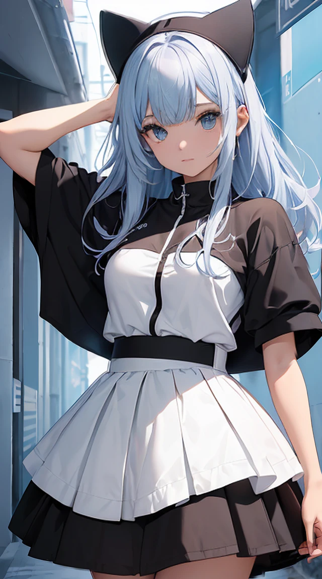 qualidade superior、Qualidade de imagem superior、obra prima、menina adolescente((Moletom branco e azul、black skirt、18 anos、 Idade、Melhor Busto、grande bast,Olhos azuis claros bonitos, longos cabelos prateados、Um esguio,Grandes vales、Refletindo todo o corpo、inclinando-se para a frente、Anexe a viseira VR aos seus olhos、Pose de salto、cara animada、jogar RV,Japan holding a sword)),Hiqualidade、arte bonita、Antecedentes com(( Cyberworld、Cyberworld、Mundo do jogo))obra prima、profundidade de campos,
