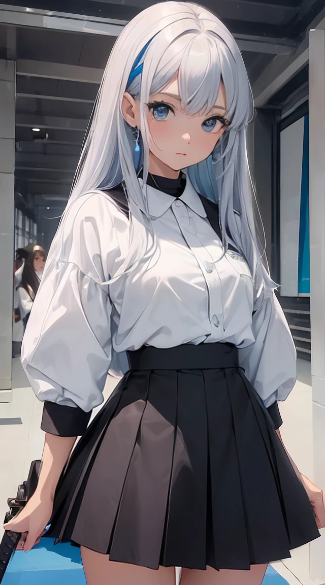 qualidade superior、Qualidade de imagem superior、obra prima、 adolescente((Moletom branco e azul、black skirt、18 anos、 Idade、Melhor Busto、grande bast,Olhos azuis claros bonitos, longos cabelos prateados、Um esguio,Grandes vales、Refletindo todo o corpo、inclinando-se para a frente、Anexe a viseira VR aos seus olhos、Pose de salto、cara animada、jogar RV,Japan holding a sword)),Hiqualidade、arte bonita、Antecedentes com(( Cyberworld、Cyberworld、Mundo do jogo))obra prima、profundidade de campos,