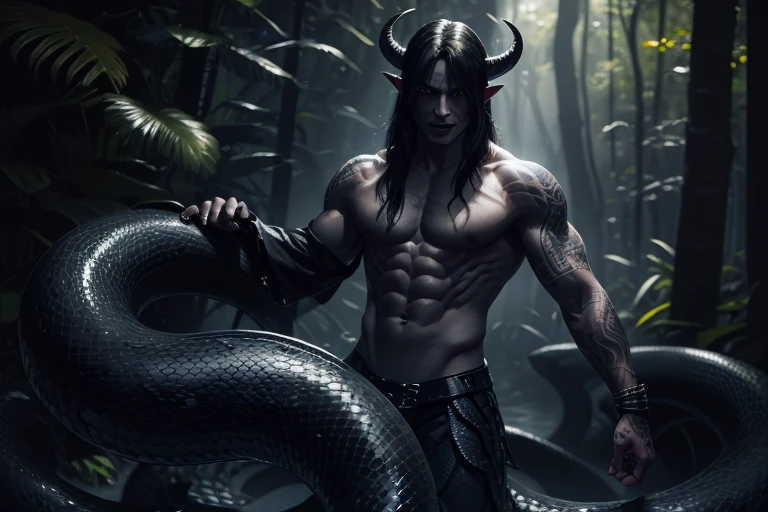 Lamiaan image a drawing of a man whose lower body is a snake, 1boy, black scales, black snake, male focus, solo, (monster boy),(snake boy), lamia, snake eyes, yellow eyes, (tsurime:1.0), oni horns, open mouth, (fang:1.0), (upper teeth), evil smile, black hair, long hair, tired hair, muscular, topless, (pale skin), (sharp nails), (tribal tattoo:1.0), (background in forest), masterpiece, best quality, high resolution, ultra-detailed