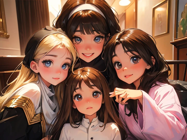 (best quality,highres,masterpiece:1.2),ultra-detailed,realistic,4 anime sisters posing together,beautiful detailed eyes,beautiful detailed lips,long eyelashes,[anime style],gorgeous 17 yr old brunette girl with mesmerizing eyes and a warm smile,[brunette teenager:1.1],sweet 14 yr old blonde girl with sparkling eyes and a cute dimple,[blonde teenager:1.1],adorable 10 yr old brunette girl with innocent eyes and a playful expression,[brunette girl:1.1],adorable 7 yr old brunette girl with curious eyes and a mischievous grin,[brunette girl:1.1],[group of sisters],vibrant colors,cheerful and harmonious atmosphere,joyful and loving sisterly bond