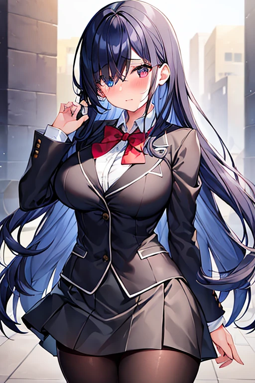 1girl, breasts, large breasts, wide hips, dark blue hair, hair over one eye, one eye covered, long hair, jacket, ((black jacket)), black jacket, miniskirt, white skirt, ((white skirt)), pantyhose, bowtie, red bowtie, shy, timid, blushing, blush, wavy mouth, black pantyhose