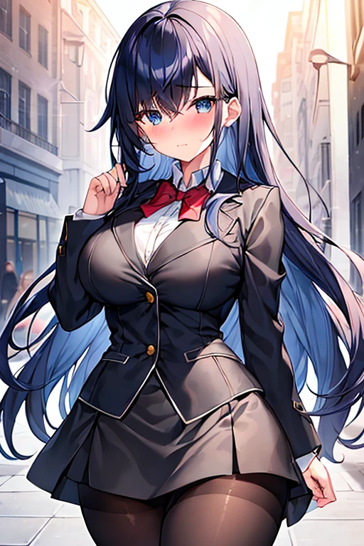 1girl, breasts, large breasts, wide hips, dark blue hair, hair over one eye, one eye covered, long hair, jacket, ((black jacket)), black jacket, miniskirt, white skirt, ((white skirt)), pantyhose, bowtie, red bowtie, shy, timid, blushing, blush, wavy mouth, black pantyhose