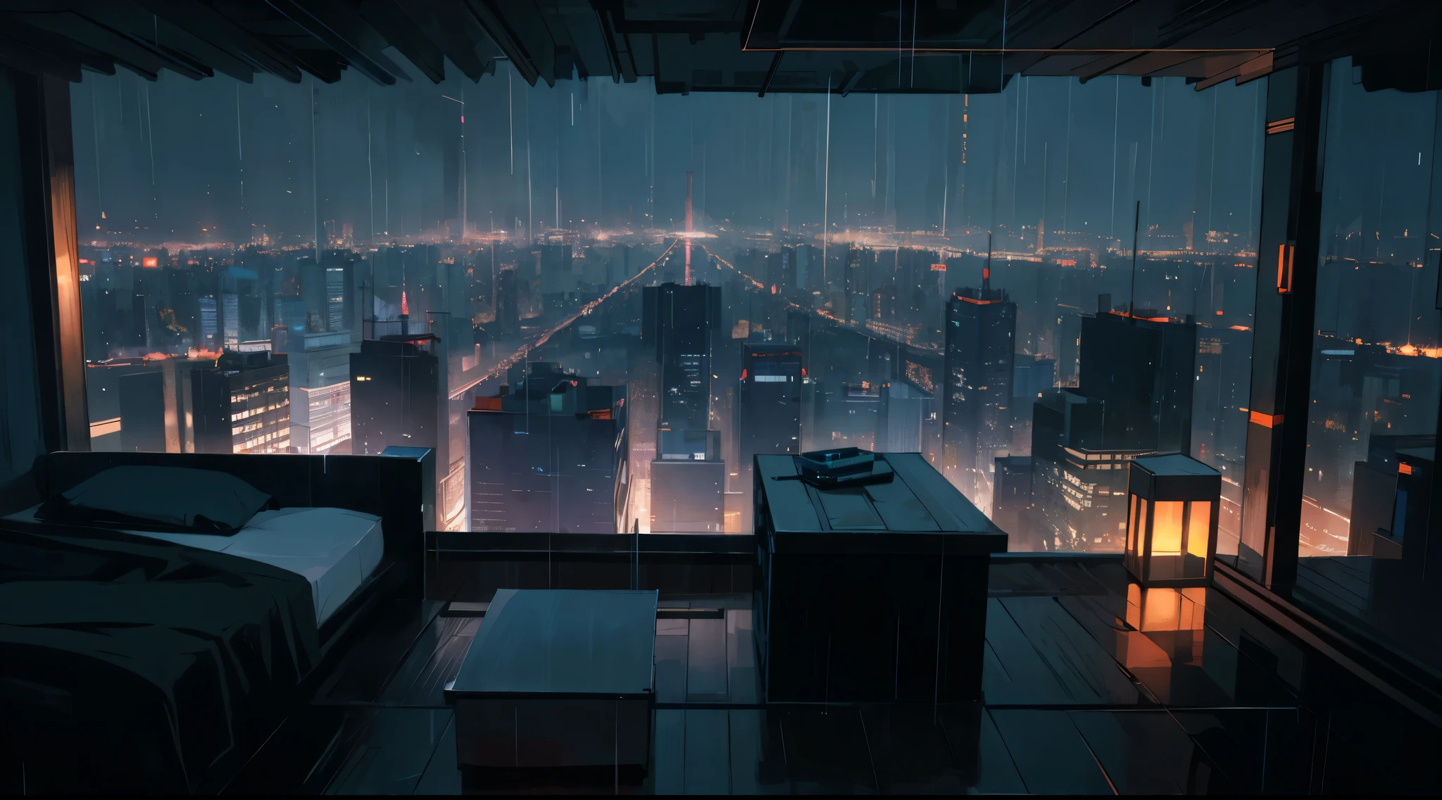 Admire the city night view from the bedroom, Cyberpunk bedroom at night, Comfortable wallpaper, night time render, Cozy atmosphere, Personal room background, Cooldown time. Good view, raining night, rooftop romantic, cozy environment, rainy evening, calm evening. Digital illustration, Overlooking the modern city, actual. Octagonal rendering