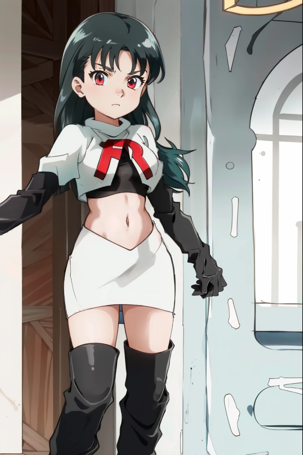 SabrinaPKMN,1girl,long hair,black hair,team rocket, team rocket uniform, red letter R, white skirt, white crop top, black thigh-high boots, black elbow gloves,