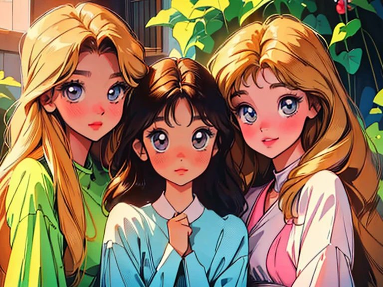 (best quality,highres,masterpiece:1.2),ultra-detailed,realistic,4 anime sisters posing together,beautiful detailed eyes,beautiful detailed lips,long eyelashes,[anime style],gorgeous 17 yr old brunette girl with mesmerizing eyes and a warm smile,[brunette teenager:1.1],sweet 14 yr old blonde girl with sparkling eyes and a cute dimple,[blonde teenager:1.1],adorable 10 yr old brunette girl with innocent eyes and a playful expression,[brunette girl:1.1],adorable 7 yr old brunette girl with curious eyes and a mischievous grin,[brunette girl:1.1],[group of sisters],vibrant colors,cheerful and harmonious atmosphere,joyful and loving sisterly bond