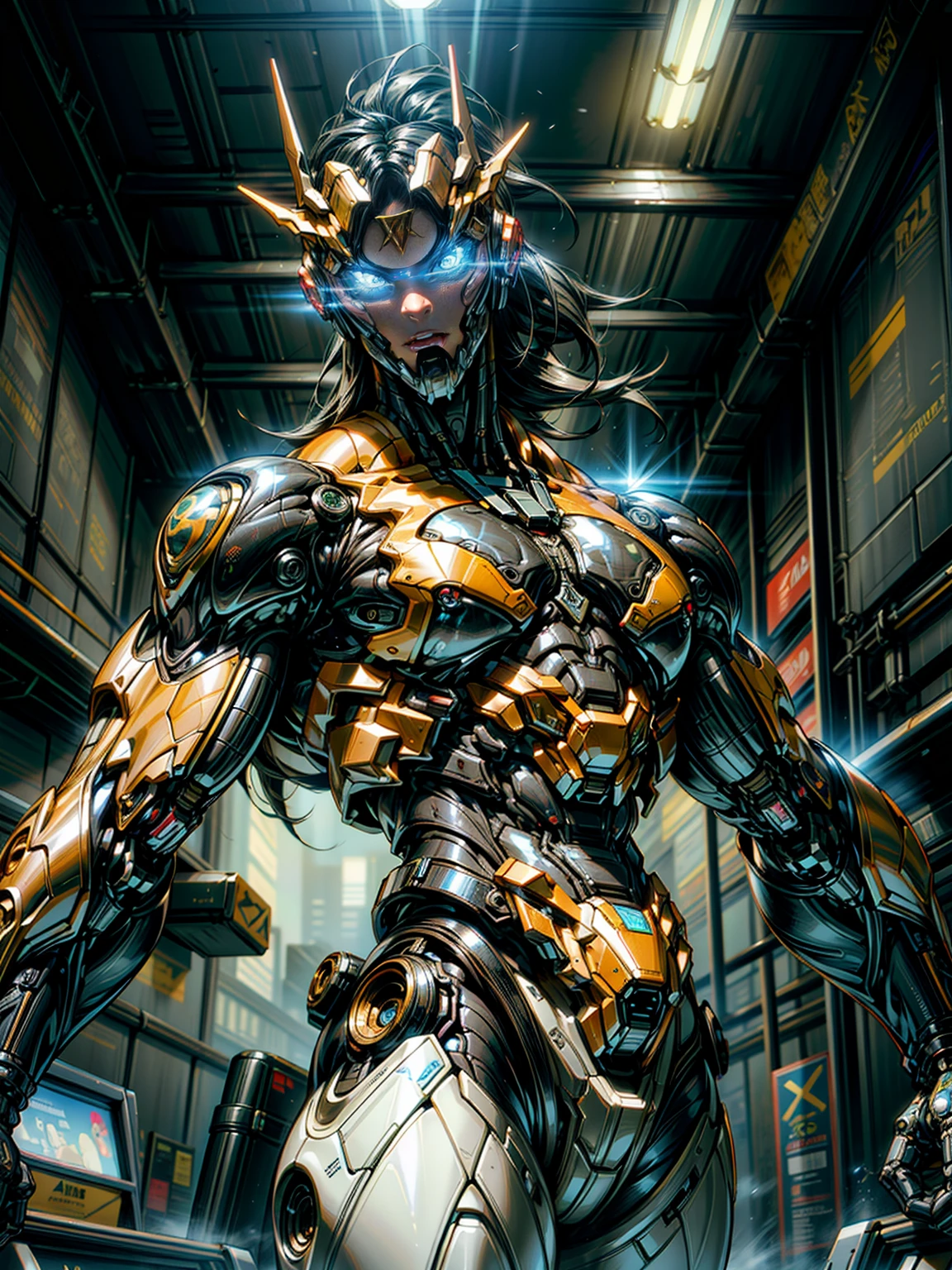 (megan fox), Cinematic, hyper-detailed, and insanely detailed, this artwork captures the essence of a muscular cyborg girl. Beautiful color grading, enhancing the overall cinematic feel. Unreal Engine brings her anatomic cybernetic muscle suit to life, appearing even more mesmerizing. With the use of depth of field (DOF), every detail is focused and accentuated, drawing attention to her eyes and the intricate design of the anatomic cybernetic muscle suit . The image resolution is at its peak, utilizing super-resolution technology to ensure every pixel is perfect. Cinematic lighting enhances her aura, while anti-aliasing techniques like FXAA and TXAA keep the edges smooth and clean. Adding realism to the anatomic cybernetic muscle suit, RTX technology enables ray tracing. Additionally, SSAO (Screen Space Ambient Occlusion) gives depth and realism to the scene, the girl's anatomic cybernetic muscle suit become even more convincing. In the post-processing and post-production stages, tone mapping enhances the colors, creating a captivating visual experience. The integration of CGI (Computer-Generated Imagery) and VFX (Visual Effect brings out the anatomic cybernetic muscle suit's intricate features in a seamless manner. SFX (Sound Effects) complement the visual artistry, immersing the viewer further into this fantastic world. The level of detail is awe-inspiring, with intricate elements meticulously crafted, the artwork hyper maximalist and hyper-realistic. Volumetric effects add depth and dimension, and the photorealism is unparalleled. The image is rendered in 8K resolution, ensuring super-detailed visuals. The volumetric lightning adds a touch of magic, highlighting her beauty and the aura of her anatomic cybernetic muscle suit in an otherworldly way. High Dynamic Range (HDR) technology makes the colors pop, adding richness to the overall composition. Ultimately, this artwork presents an unreal portrayal of a super muscled cyborg girl