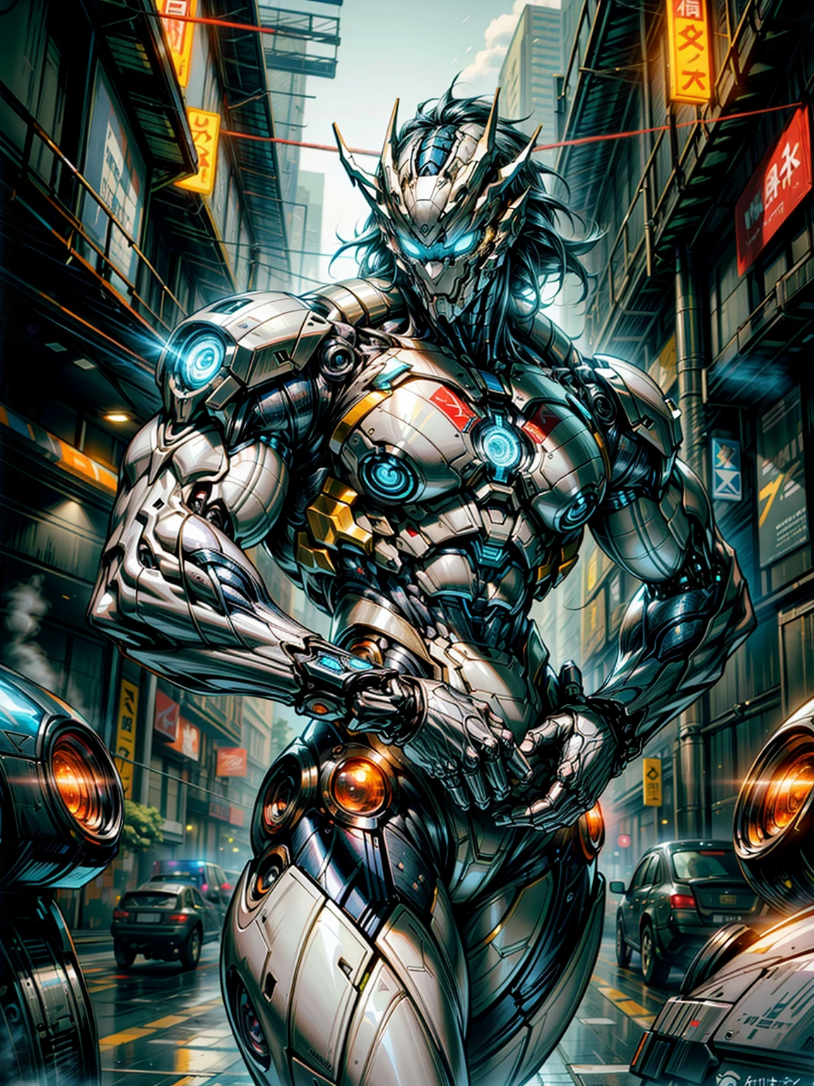 (megan fox), Cinematic, hyper-detailed, and insanely detailed, this artwork captures the essence of a muscular cyborg girl. Beautiful color grading, enhancing the overall cinematic feel. Unreal Engine brings her anatomic cybernetic muscle suit to life, appearing even more mesmerizing. With the use of depth of field (DOF), every detail is focused and accentuated, drawing attention to her eyes and the intricate design of the anatomic cybernetic muscle suit . The image resolution is at its peak, utilizing super-resolution technology to ensure every pixel is perfect. Cinematic lighting enhances her aura, while anti-aliasing techniques like FXAA and TXAA keep the edges smooth and clean. Adding realism to the anatomic cybernetic muscle suit, RTX technology enables ray tracing. Additionally, SSAO (Screen Space Ambient Occlusion) gives depth and realism to the scene, the girl's anatomic cybernetic muscle suit become even more convincing. In the post-processing and post-production stages, tone mapping enhances the colors, creating a captivating visual experience. The integration of CGI (Computer-Generated Imagery) and VFX (Visual Effect brings out the anatomic cybernetic muscle suit's intricate features in a seamless manner. SFX (Sound Effects) complement the visual artistry, immersing the viewer further into this fantastic world. The level of detail is awe-inspiring, with intricate elements meticulously crafted, the artwork hyper maximalist and hyper-realistic. Volumetric effects add depth and dimension, and the photorealism is unparalleled. The image is rendered in 8K resolution, ensuring super-detailed visuals. The volumetric lightning adds a touch of magic, highlighting her beauty and the aura of her anatomic cybernetic muscle suit in an otherworldly way. High Dynamic Range (HDR) technology makes the colors pop, adding richness to the overall composition. Ultimately, this artwork presents an unreal portrayal of a super muscled cyborg girl