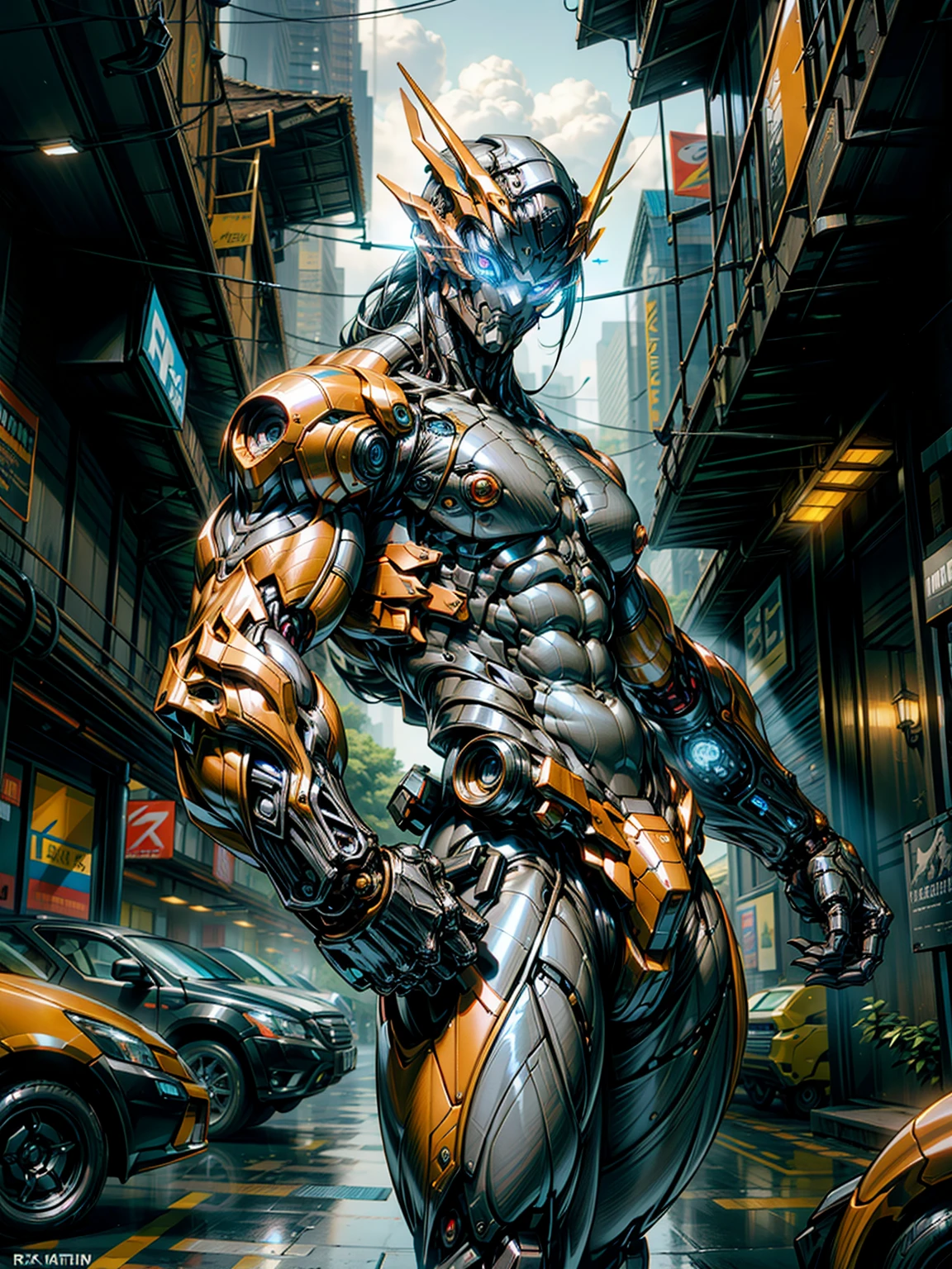 (megan fox), Cinematic, hyper-detailed, and insanely detailed, this artwork captures the essence of a muscular cyborg girl. Beautiful color grading, enhancing the overall cinematic feel. Unreal Engine brings her anatomic cybernetic muscle suit to life, appearing even more mesmerizing. With the use of depth of field (DOF), every detail is focused and accentuated, drawing attention to her eyes and the intricate design of the anatomic cybernetic muscle suit . The image resolution is at its peak, utilizing super-resolution technology to ensure every pixel is perfect. Cinematic lighting enhances her aura, while anti-aliasing techniques like FXAA and TXAA keep the edges smooth and clean. Adding realism to the anatomic cybernetic muscle suit, RTX technology enables ray tracing. Additionally, SSAO (Screen Space Ambient Occlusion) gives depth and realism to the scene, the girl's anatomic cybernetic muscle suit become even more convincing. In the post-processing and post-production stages, tone mapping enhances the colors, creating a captivating visual experience. The integration of CGI (Computer-Generated Imagery) and VFX (Visual Effect brings out the anatomic cybernetic muscle suit's intricate features in a seamless manner. SFX (Sound Effects) complement the visual artistry, immersing the viewer further into this fantastic world. The level of detail is awe-inspiring, with intricate elements meticulously crafted, the artwork hyper maximalist and hyper-realistic. Volumetric effects add depth and dimension, and the photorealism is unparalleled. The image is rendered in 8K resolution, ensuring super-detailed visuals. The volumetric lightning adds a touch of magic, highlighting her beauty and the aura of her anatomic cybernetic muscle suit in an otherworldly way. High Dynamic Range (HDR) technology makes the colors pop, adding richness to the overall composition. Ultimately, this artwork presents an unreal portrayal of a super muscled cyborg girl