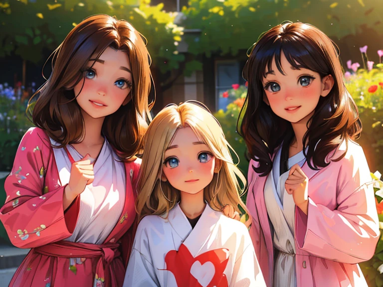 (best quality,highres,masterpiece:1.2),ultra-detailed,realistic,4 anime sisters posing together,beautiful detailed eyes,beautiful detailed lips,long eyelashes,[anime style],gorgeous 17 yr old brunette girl with mesmerizing eyes and a warm smile,[brunette teenager:1.1],sweet 14 yr old blonde girl with sparkling eyes and a cute dimple,[blonde teenager:1.1],adorable 10 yr old brunette girl with innocent eyes and a playful expression,[brunette girl:1.1],adorable 7 yr old brunette girl with curious eyes and a mischievous grin,[brunette girl:1.1],[group of sisters],vibrant colors,soft natural lighting,floral background,cheerful and harmonious atmosphere,joyful and loving sisterly bond