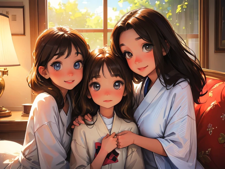 (best quality,highres,masterpiece:1.2),ultra-detailed,realistic,4 anime sisters posing together,beautiful detailed eyes,beautiful detailed lips,long eyelashes,[anime style],gorgeous 17 yr old brunette girl with mesmerizing eyes and a warm smile,[brunette teenager:1.1],sweet 14 yr old blonde girl with sparkling eyes and a cute dimple,[blonde teenager:1.1],adorable 10 yr old brunette girl with innocent eyes and a playful expression,[brunette girl:1.1],adorable 7 yr old brunette girl with curious eyes and a mischievous grin,[brunette girl:1.1],[group of sisters],vibrant colors,soft natural lighting,floral background,cheerful and harmonious atmosphere,joyful and loving sisterly bond