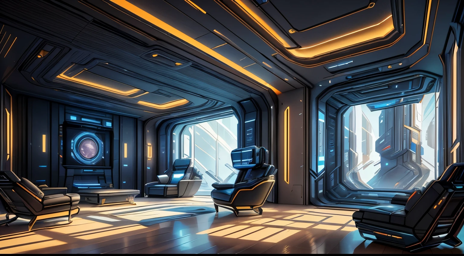 There is a room with sofa and chairs, a room with light, detailed matte paintings by senior environmental artists, 3D renderings inspired by Syd Mead, digital art, futuristic room, sci-fi interior, sci-fi room, futuristic interior, sci-fi engine room living room, futuristic setting, octane rendering sci-fi, cyberpunk bedroom at night, futuristic room background, surreal sci-fi set design, shutter, futuristic, futuristic hall, futuristic interior, futuristic interior, sci-fi tech, futuristic space, futuristic room background, volumetric lighting futuristic, futuristic room