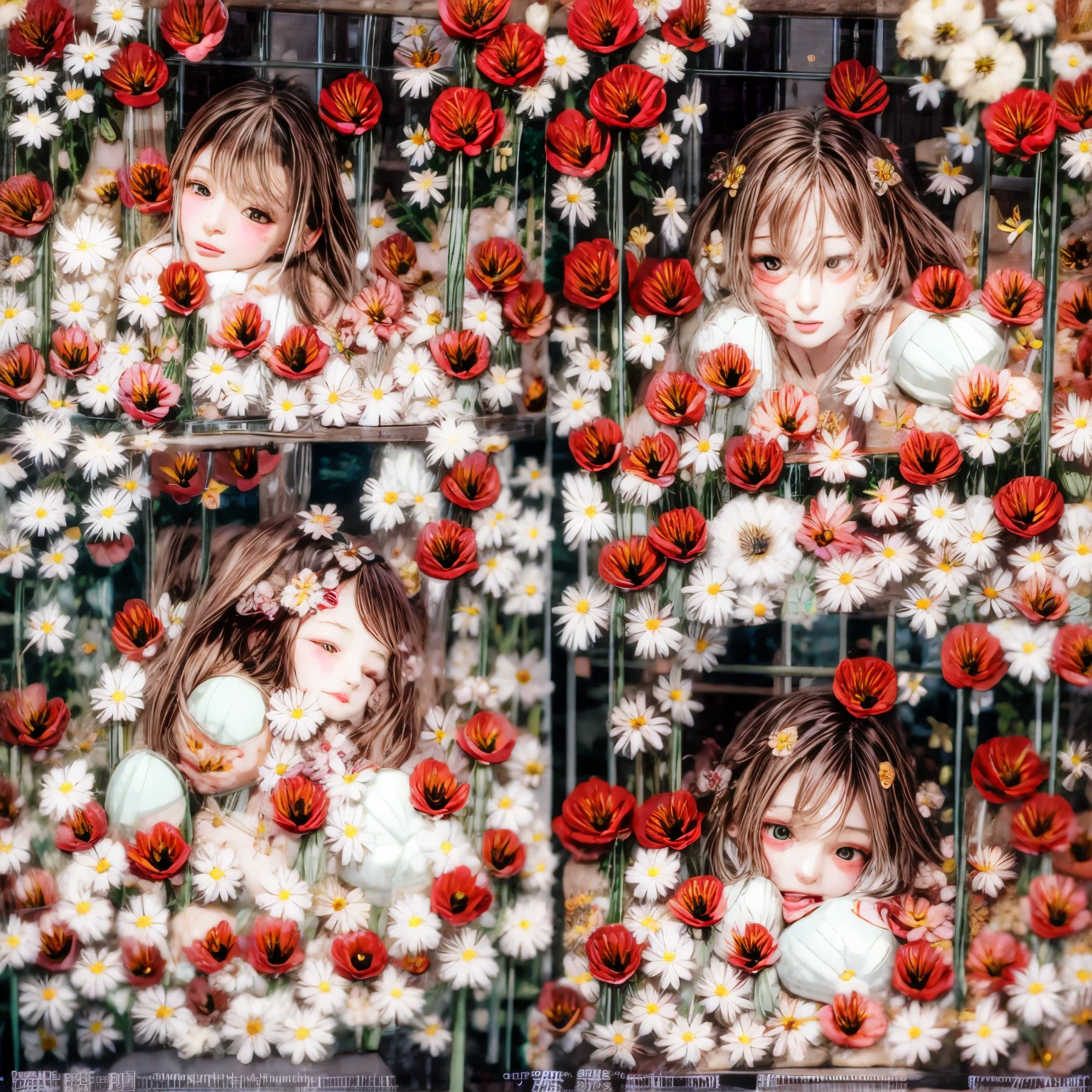 (Full of flowers, White, Red and vivid colors, Acutance, Exposed:1.2, nipple:-0.9), (4 girls laying in a pool filled with flower:1.25), ((Extremely Detailed KAWAII face variations, Hair variations)), { Navel | pretty Ass | (bikini made only from flowers:1.33) }, (finest quality, 8K, ultra-detailliert, realistic, (photorealistic:1.37), touch of rawness). { concept art | enhancing the overall visual impact }. Whole Body proportions and all limbs are anatomically accurate . (no extra limbs), (Girl's Body covered with flowers), Overflowing flowers .