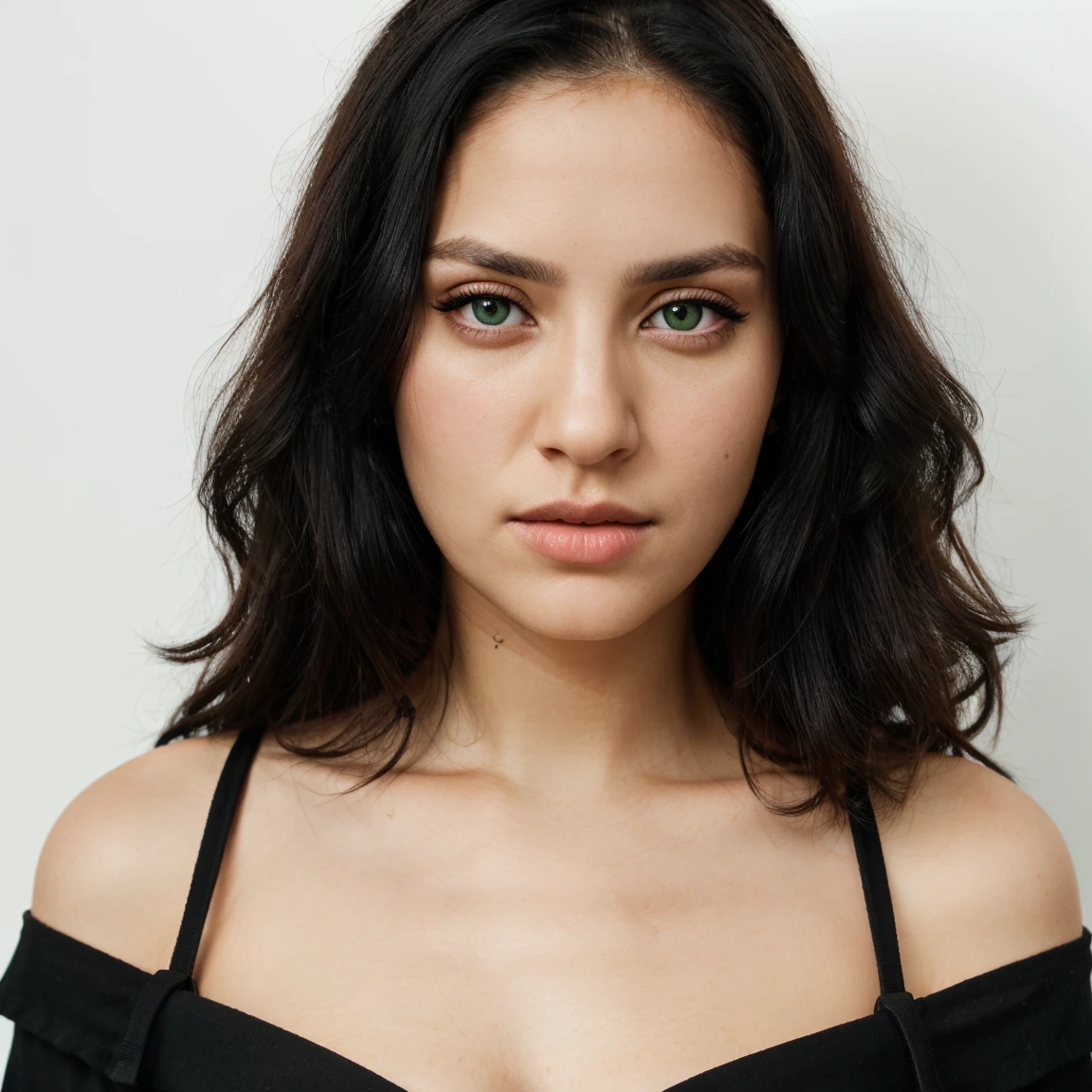 front view, looking at camera, RAW photo,((black shirt:1.2)), ((portrait)),beautiful black hair 30 years old woman, green eyes, perfecteyes eyes, ((white background:1.2)), studio lighting, high quality, film grain, Fujifilm XT3, centralized