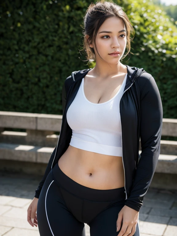 Beautiful woman with curvy figure, wet body, sehr detailliertes Gesichts- und Hautbild, Runner athlete, Detaillierte Augen, LEGGINGS HOSEN, Dutt-Haar, Wenig unordentliches Haar, large chest,Knackarsch, allein auf der Bank sitzen, high resolution, fotorealistisch