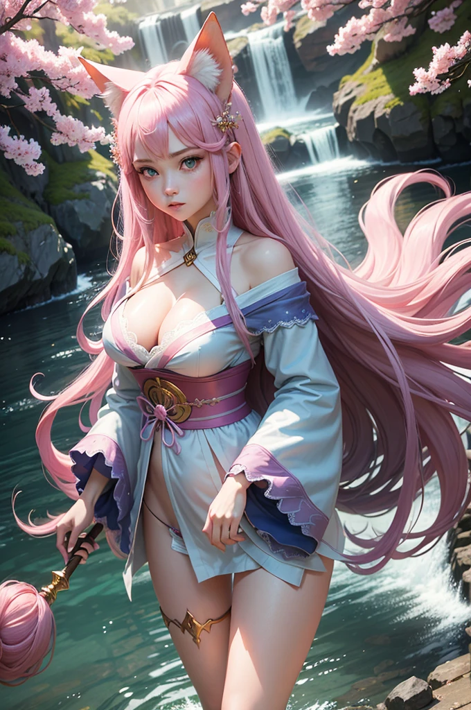 masterpiece, high quality, 1 girl, sorceress, facing forward, battle stance, long pink hair with pink fox ears, big blue eyes, small nose, cute innocent face, blue ornaments in her hair, skinny, big breasts, cleavage, dark blue kimono with long wide sleeves and white/ gold details, white lace thigh-high stockings, cinematic light, waterfall, river, pink cherry trees, green trees, waterfall, blue sky, white clouds,