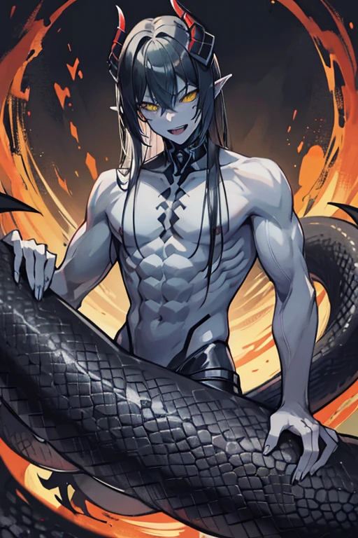 Lamiaan image a drawing of a man whose lower body is a snake, 1boy, black scales, black snake, male focus, solo, (monster boy),(snake boy), lamia, snake eyes, yellow eyes, (tsurime:1.0) , oni horns, teeth, (fang:1.0), sharp fangs, seductive smile, black hair, long hair, tired hair, muscular, topless, (pale skin), (sharp nails), (tribal tattoo:1.3) , (background in forest), cinematic angle, masterpiece, best quality, high resolution, ultra-detailed