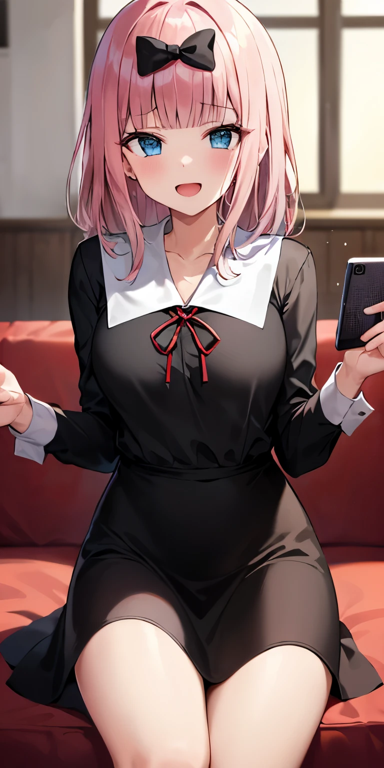 2D, ​masterpiece, top-quality, animesque, ighly detailed, cowboy  shot, 1girl in, 独奏, fujiwara chika, blue eyess, A pink-haired, Hair Bow, Black bow, 校服, 夏の校服, Sit on the red sofa, Student Council Room, The best smile, open open mouth, Have a smartphone