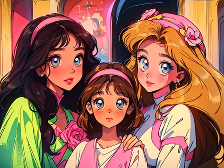 (best quality,highres,masterpiece:1.2),ultra-detailed,realistic,4 anime sisters posing together,beautiful detailed eyes,beautiful detailed lips,long eyelashes,[anime style],gorgeous 17 yr old brunette girl with mesmerizing eyes and a warm smile,[brunette ager:1.1],sweet 14 yr old blonde girl with sparkling eyes and a cute dimple,[blonde teen:1.1],adorable 10 yr old brunette girl with innocent eyes and a playful expression,[brunette girl:1.1],adorable 7 yr old brunette girl with curious eyes and a mischievous grin,[brunette girl:1.1],[group of sisters],vibrant colors,cheerful and harmonious atmosphere,joyful and loving sisterly bond