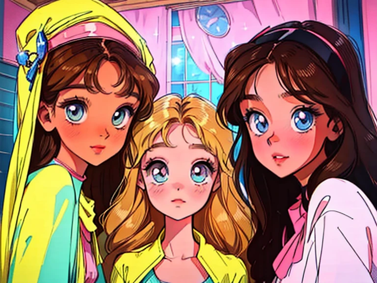 (best quality,highres,masterpiece:1.2),ultra-detailed,realistic,4 anime sisters posing together,beautiful detailed eyes,beautiful detailed lips,long eyelashes,[anime style],gorgeous 17 yr old brunette girl with mesmerizing eyes and a warm smile,[brunette teenager:1.1],sweet 14 yr old blonde girl with sparkling eyes and a cute dimple,[blonde teenager:1.1],adorable 10 yr old brunette girl with innocent eyes and a playful expression,[brunette girl:1.1],adorable 7 yr old brunette girl with curious eyes and a mischievous grin,[brunette girl:1.1],[group of sisters],vibrant colors,cheerful and harmonious atmosphere,joyful and loving sisterly bond