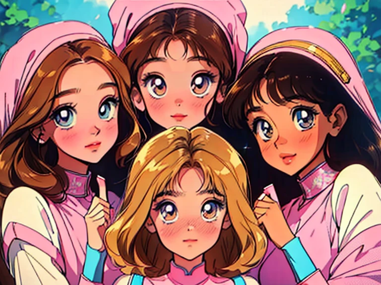 (best quality,highres,masterpiece:1.2),ultra-detailed,realistic,4 anime sisters posing together,beautiful detailed eyes,beautiful detailed lips,long eyelashes,[anime style],gorgeous 17 yr old brunette girl with mesmerizing eyes and a warm smile,[brunette teenager:1.1],sweet 14 yr old blonde girl with sparkling eyes and a cute dimple,[blonde teenager:1.1],adorable 10 yr old brunette girl with innocent eyes and a playful expression,[brunette girl:1.1],adorable 7 yr old brunette girl with curious eyes and a mischievous grin,[brunette girl:1.1],[group of sisters],vibrant colors,cheerful and harmonious atmosphere,joyful and loving sisterly bond