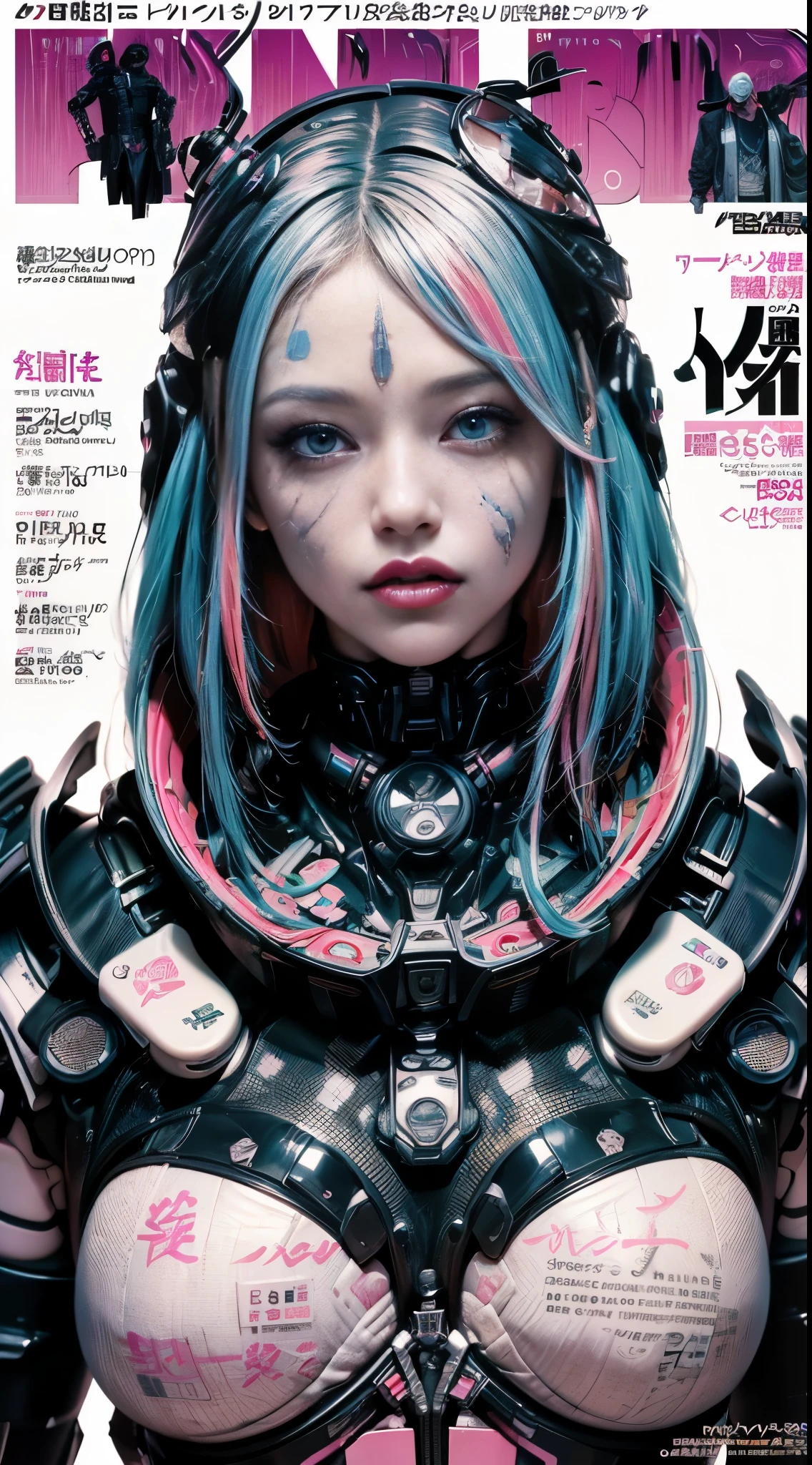 Flowing_contour biomechanical__cybernetic_airbrush___Strange__(((Japanese Harajuku style Fashion_(((colorful Magazine_cover)))__art_decor_Border)))__porcelain_and_Platinum / Futuristic Cyberpunk woman with porcelain skin, cybernetic implants.