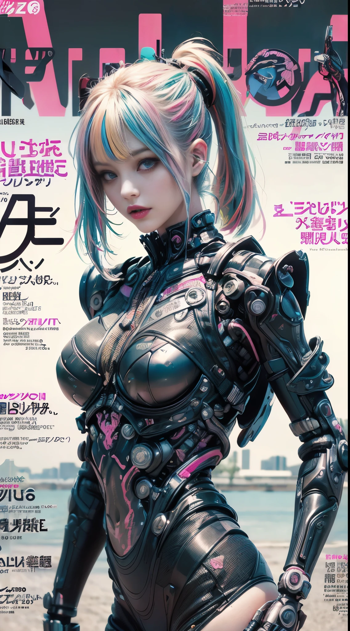 Flowing_contour biomechanical__cybernetic_airbrush___Strange__(((Japanese Harajuku style Fashion_(((colorful Magazine_cover)))__art_decor_Border)))__porcelain_and_Platinum / Futuristic Cyberpunk woman with porcelain skin, cybernetic implants.