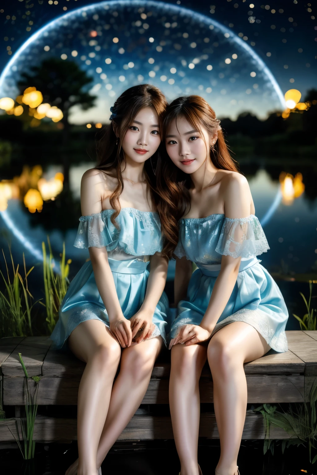 All faces and pictures must be different, high quality, highly detailed, a stunningly photorealistic photo of two beautiful Chinese women,babyfaced, intricate detailed eyes,open shoulders,skirtlift,where two mysterious women sits by the edge of a pond, capturing a romantic atmosphere under the starry sky.