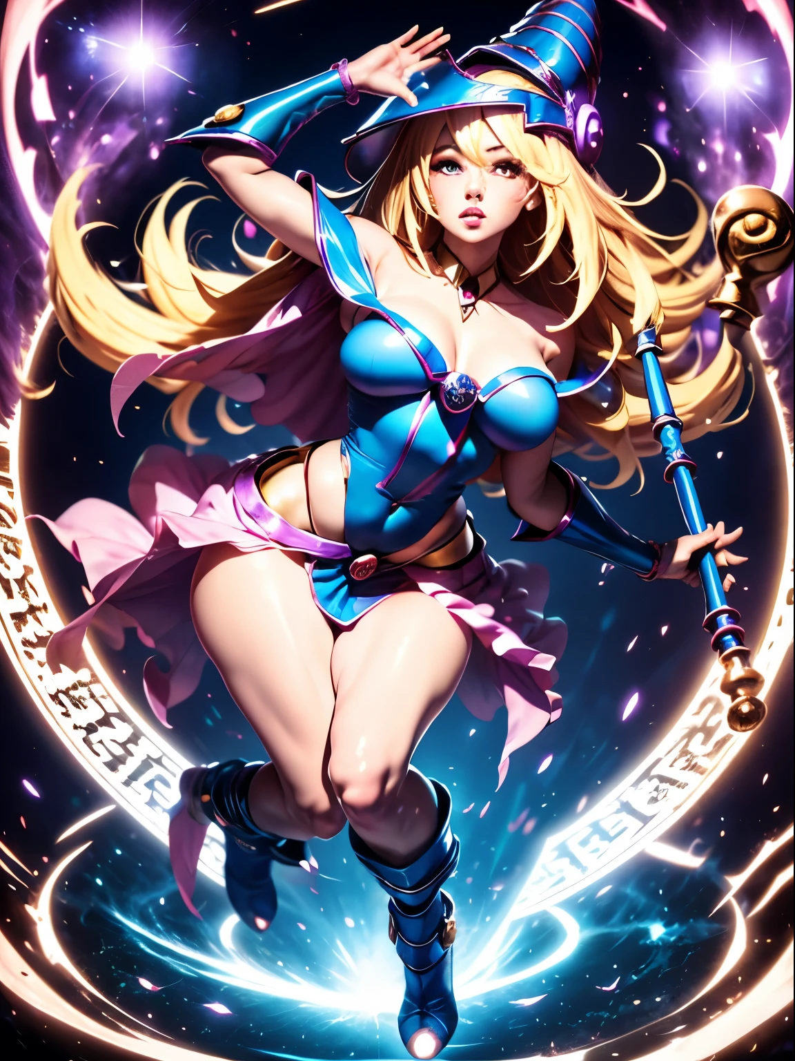 ultra-detailed, extremely detailed, masterpiece, highest quality, best quality, absurdres, highres, dark magician girl, (1girl:1.2), solo, detailed face, dynamic pose, hair flow, (full body:1.1),  blonde hair, long hair, looking at viewer, green eyes, skindentation, detailed skin, skin pores, (shiny skin, glossy skin:1.1), rosy skin details, breasts, nail polish, skirt, blue footwear, blue headwear, wizard hat, wand, holding hat, (blue panties:0.9), (summoning circle:1.1), hexagram, pentacle, pentagram, yu-gi-oh!, duel monster, purple magic field, glow, detailed background, intricate background,