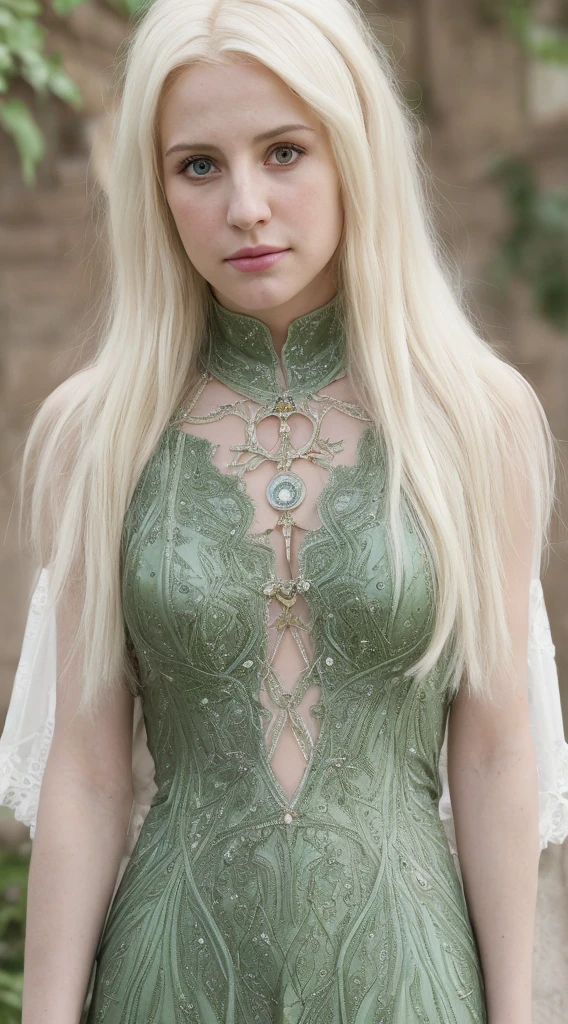 blond woman with white hair, this person does not exist, perfect white haired girl, green eyes, pale white skin, hourglass figure, elvish empress, elvish cosplayer, wearing an intricate green elvish outfit, britney spears-jessica nigri-eden epstein-madeline zima-brittany snow-katrina bowden-zoe kazan-noah cyrus-heidi montag-katie cassidy-kathryne hahn-kelly rowan-chloe cherry-dianna agron merged, entire body visible, full body, hyperrealistic, best quality, 8K, real human skin, masterpiece, extremely intricate, medium closeup, detailed eyes, detailed face, detailed body, exaggerated features, pronounced features