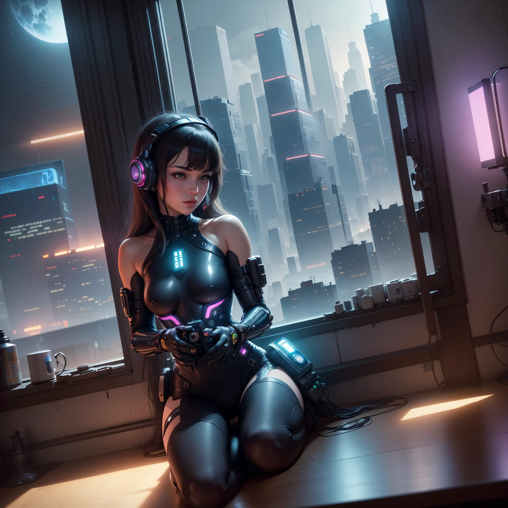 ((masterpiece)), (ultra-detailed), (intricate details), (high resolution CGI artwork 8k), Create an image of a retro futuristic cyberpunk bedroom. One of the walls should feature a big window with a busy, colorful, and detailed cyberpunk cityscape. Futuristic style with lots of colors and LED lights. The cityscape should be extremely detailed with depth of field. Utilize atmospheric lighting to create depth and evoke the feel of a busy futuristic city outside the window. Pay close attention to face details like intricate, hires eyes and bedroom accents. Camera: wide shot showing the room and the window. The window should be the focal point of the image. Lighting: use atmospheric and volumetric lighting to enhance the cityscape details. The room should be illuminated by the neon lights from the cityscape.