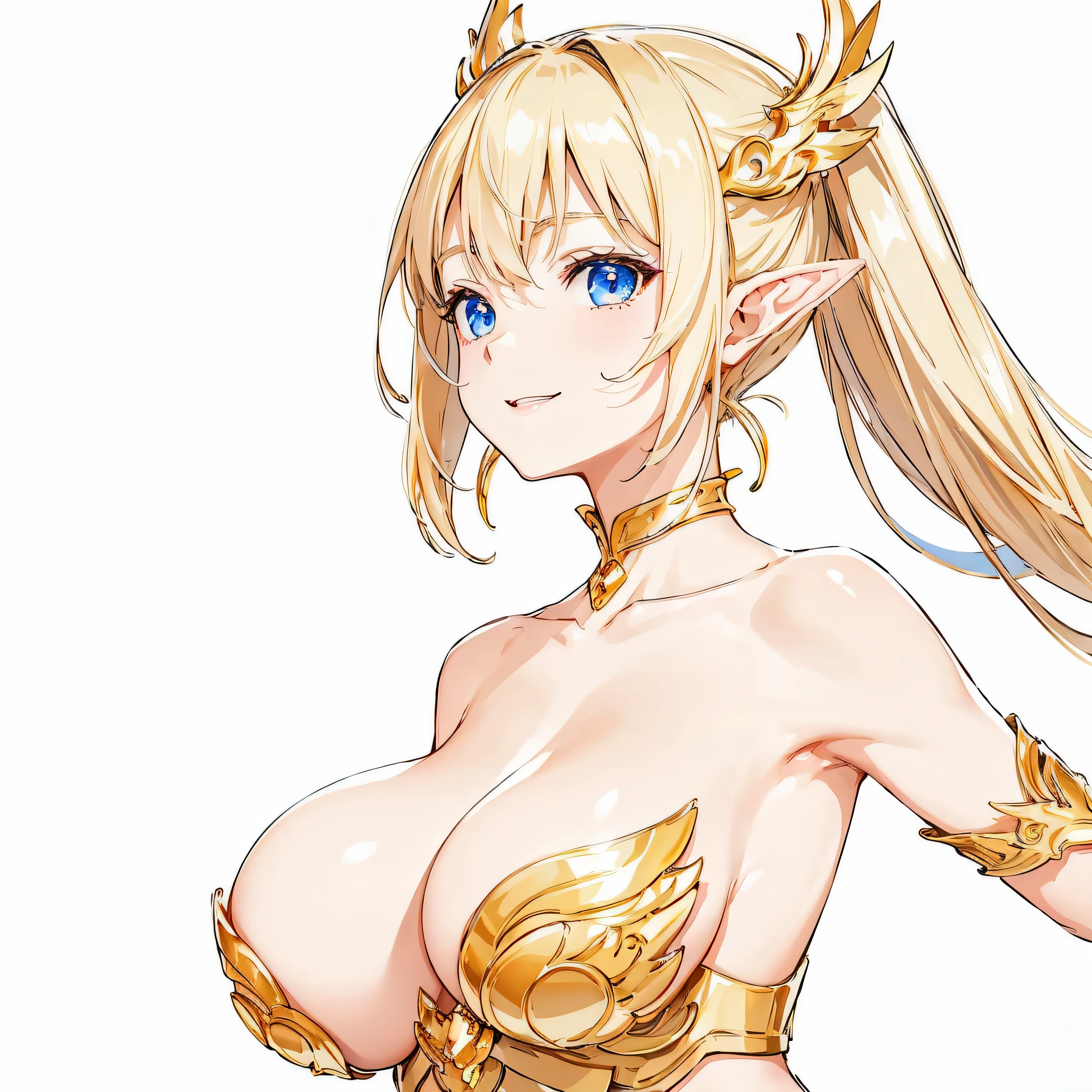 masterpiece、top-quality、ighly detailed、hight resolution、16k、fullnude、teats、Teetoob proportions、golden armour、Very thin skirt、Black pants、Very white skin、Beautiful fingers、Anime girl with very big breasts posing naked、Perfect Style、elvish、no-bra、Blonde blue-eyed、A smile、elvishの女の子、slim the contours
