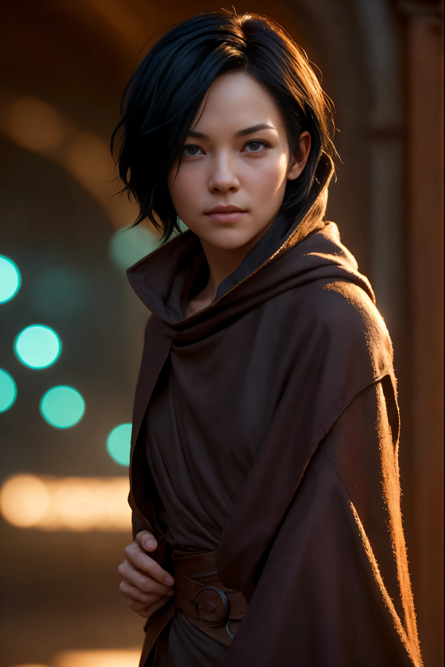 A beautiful female rogue, short black hair, D&D aesthetic, naked, cloak, high detail face, high detail skin, 8, HDR, high resolution, photo-realistic, cinematic lighting, depth of field, bokeh, rim lighting, backlit, cool colours, night