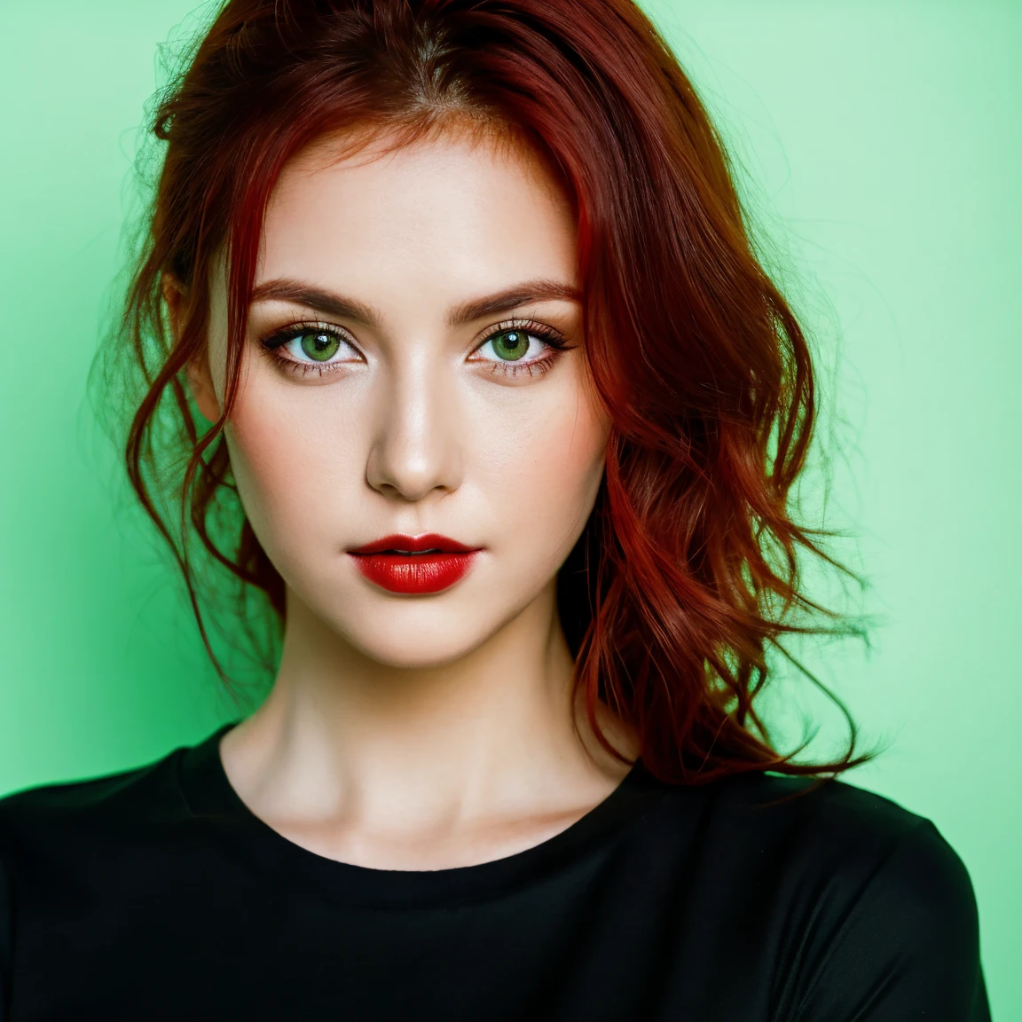 front view, looking at camera, RAW photo,((black shirt:1.2)), ((portrait)),beautiful red hair 30 years old woman, green eyes, perfecteyes eyes, ((white background:1.2)), studio lighting, high quality, film grain, Fujifilm XT3, centralized