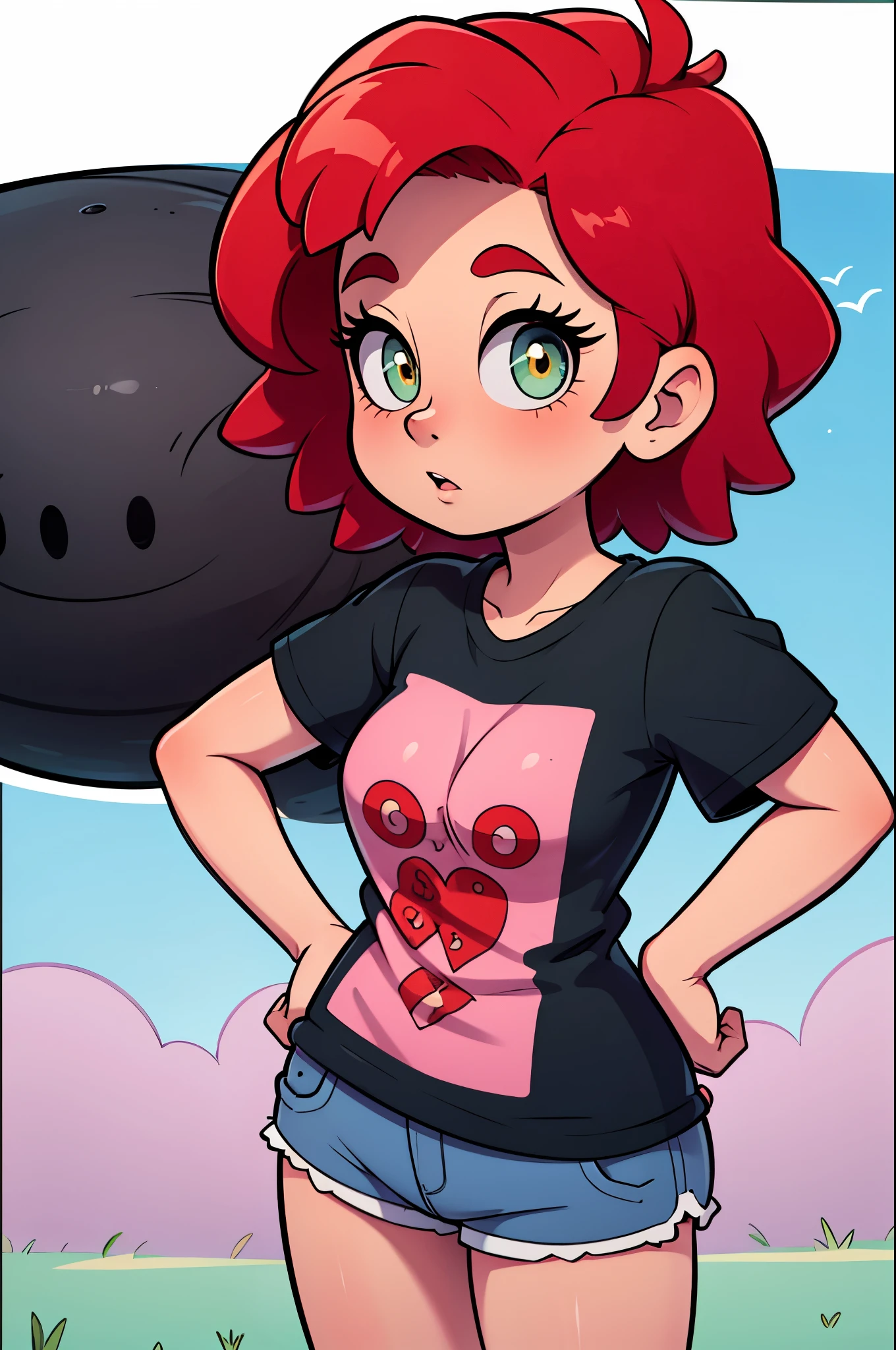 1 girl, master part, camiseta branca molhada transparende, calcinha rosa, olhos negros, cabelos longos, boca aberta, sorrir, red hair, Standing, Fundo, Olhando para o Viewer, Background Story, sozinho, soio, sedutora, perspectiva, vista de cima