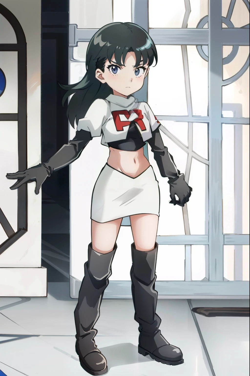 SabrinaPKMN,1girl,long hair,black hair,team rocket, team rocket uniform, red letter R, white skirt, white crop top, black thigh-high boots, black elbow gloves,
