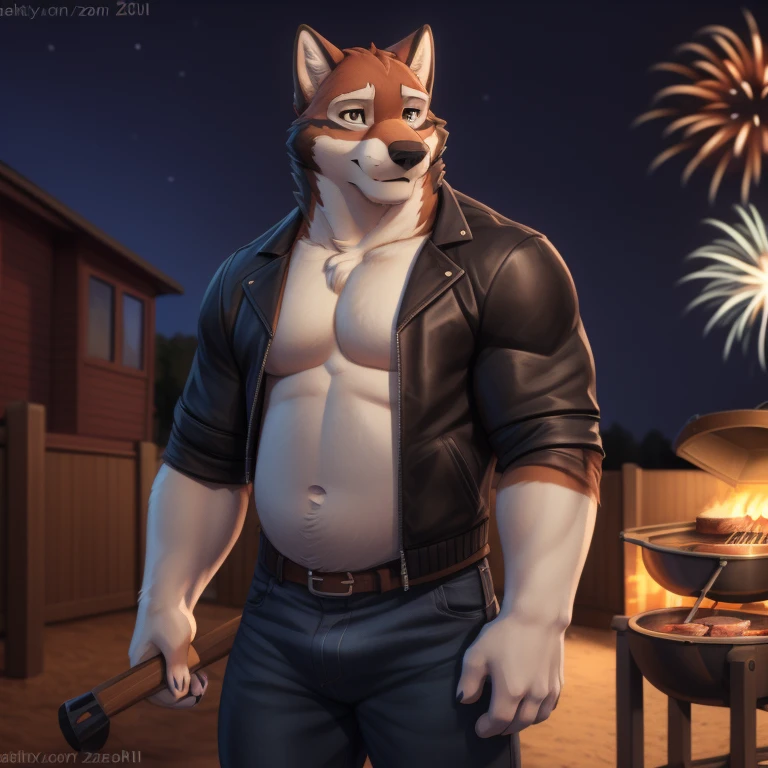 leo alvarez, muscular, bara, wolf tail, tail, (posing:1.3), (soft shading), 4k, hi res, five fingers, detailed hands, ((detailed face, (detailed eyes:1.0), detailed)), by zackarry911, by zaush, (by personalami:0.5), solo, looking at viewer, smile, 1boy, male focus, thighs, from behind, feet out of frame, back, thick thighs, leather jacket, blue jeans, beer belly, big belly, backyard background, grilling steak, fireworks background, big bulge,