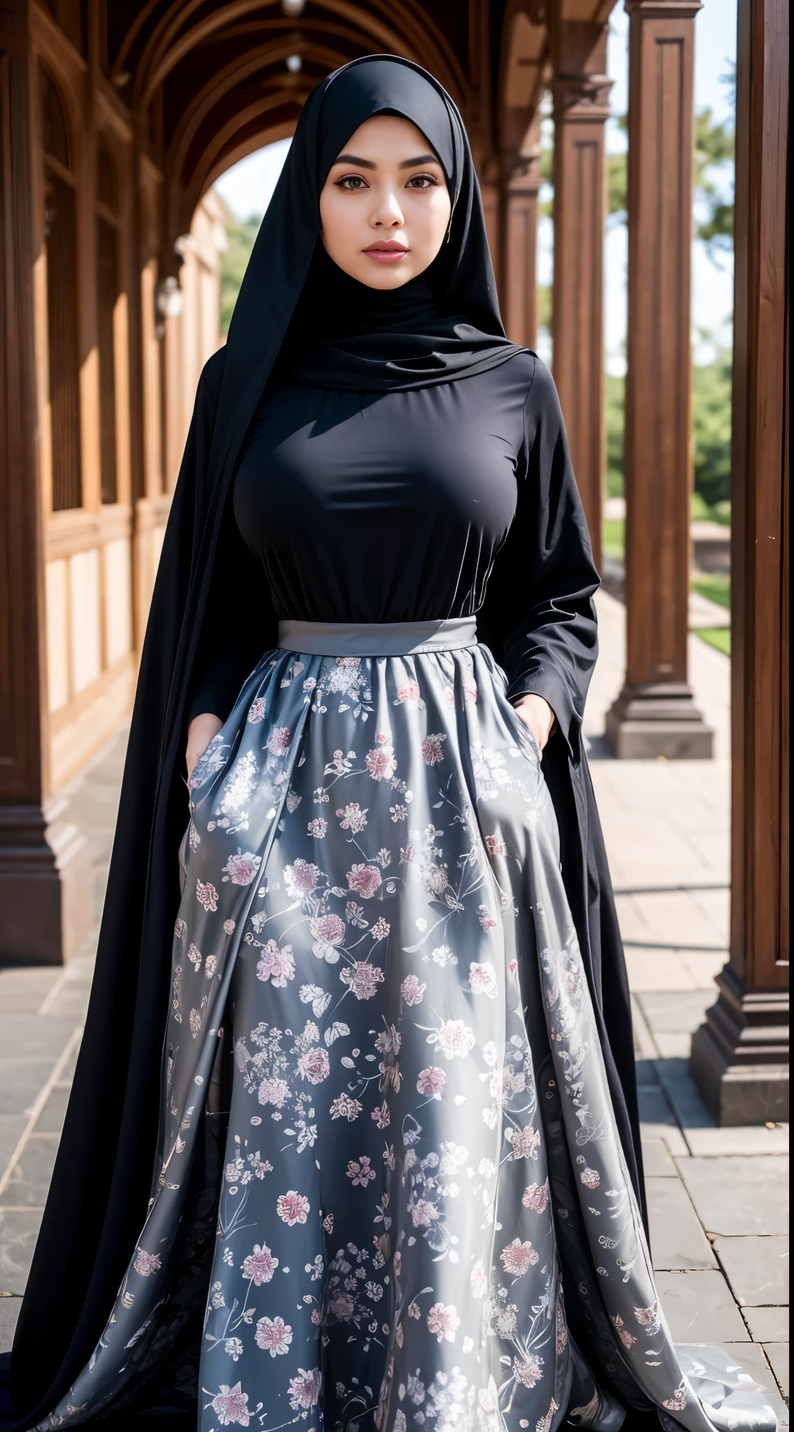 ( Close Up),RAW, Best quality, high resolution, masterpiece: 1.3), beautiful Malay woman in hijab, Masterpiece, perfect body, Big breasts, thick thighs, beautiful big eyes, mole under the eyes, long eyelashes, big eyes, beutifull face, Soft smile, woman wearing a black and white floral dress, stylish dark dress, wonderful masterpiece, long dress with apron, long dress female, very beautiful and elegant, beautiful masterpiece, modest flowing gown, very beautiful masterpiece, full covered dress, beautiful soft silky dress, stylish dress, dark grey, elegant and extremely ornamental , illustrious clothes Soft turtleneck, evening walk, garden park, Great lighting, Bright colors, Clean lines