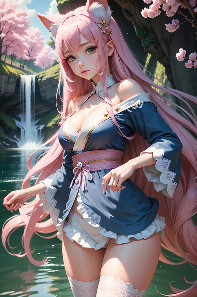 masterpiece, high quality, 1 girl, sorceress, facing forward, battle stance, long pink hair with pink fox ears, big blue eyes, small nose, cute innocent face, blue ornaments in her hair, skinny, big breasts, cleavage, dark blue short kimono with long wide sleeves and white/ gold details, white mini panties with strings, wet crotch, white lace thigh-high stockings, cinematic light, waterfall, river, pink cherry trees, waterfall, blue sky, white clouds, 2 hands
