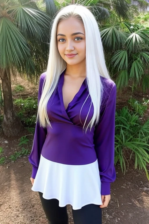 uma menina de 18 anos, boa pessoa, albino com pele branca, Cabelos brancos curtos, cabelos brancos cobrindo as orelhas, orelhas de elfo enormes, orelhas pontudas e peludas, Purple eyes, Poderes de fogo leve, energia solar, pirocinese, Manipulation of matter, sem raiva, roupas douradas, totalmente vestido, camisa em, sem musculosa