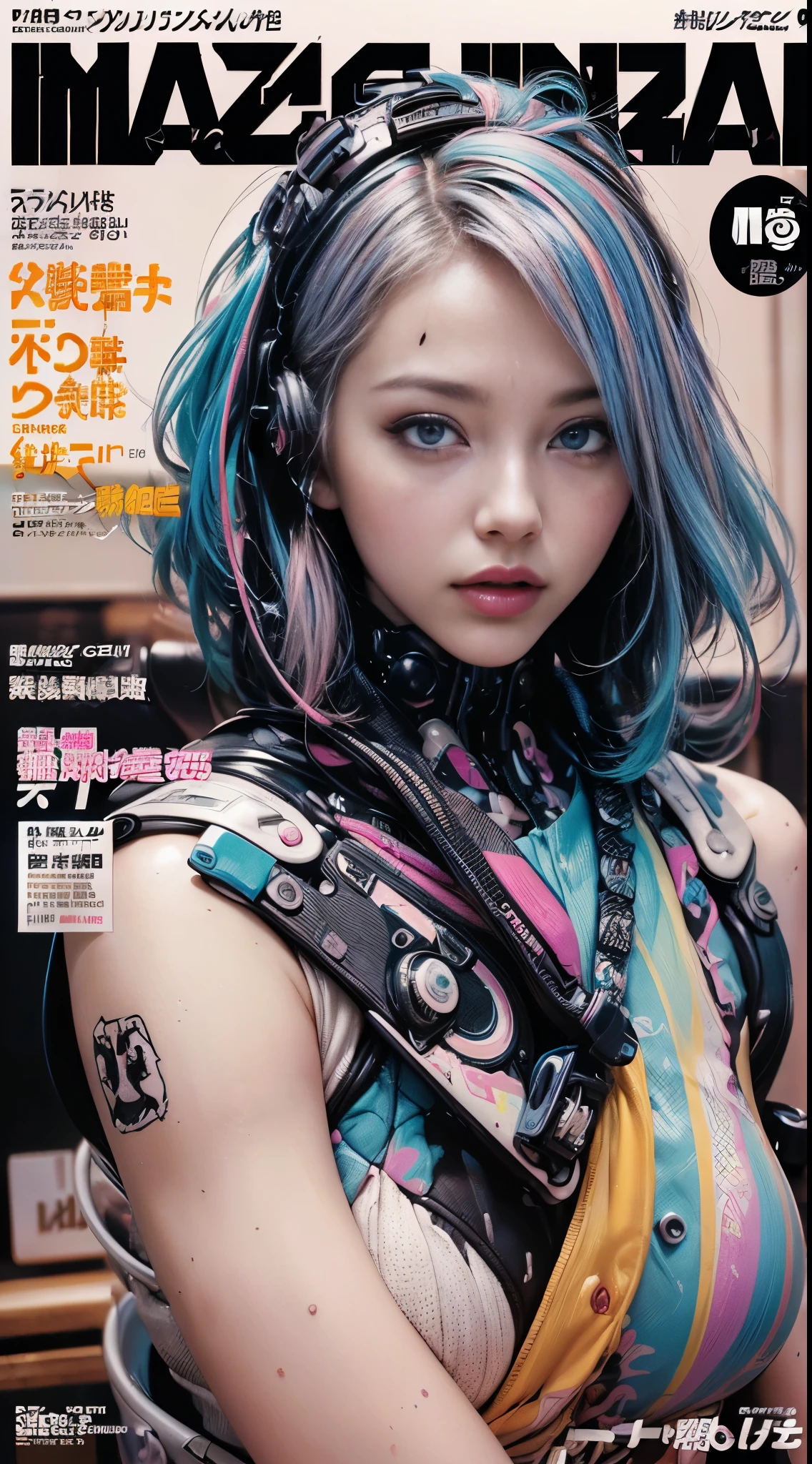 Flowing_contour biomechanical__cybernetic_airbrush___Strange__(((Japanese Harajuku style Fashion_(((colorful Magazine_cover)))__art_decor_Border)))__porcelain_and_Platinum / Futuristic Cyberpunk woman with porcelain skin, cybernetic implants.