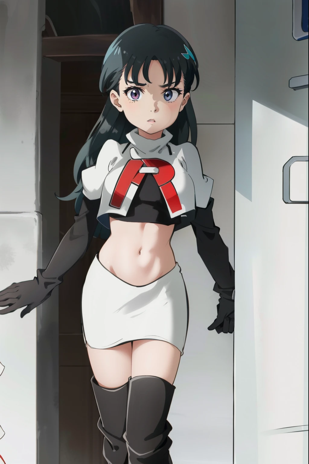 SabrinaPKMN,1girl,long hair,black hair,team rocket, team rocket uniform, red letter R, white skirt, white crop top, black thigh-high boots, black elbow gloves,