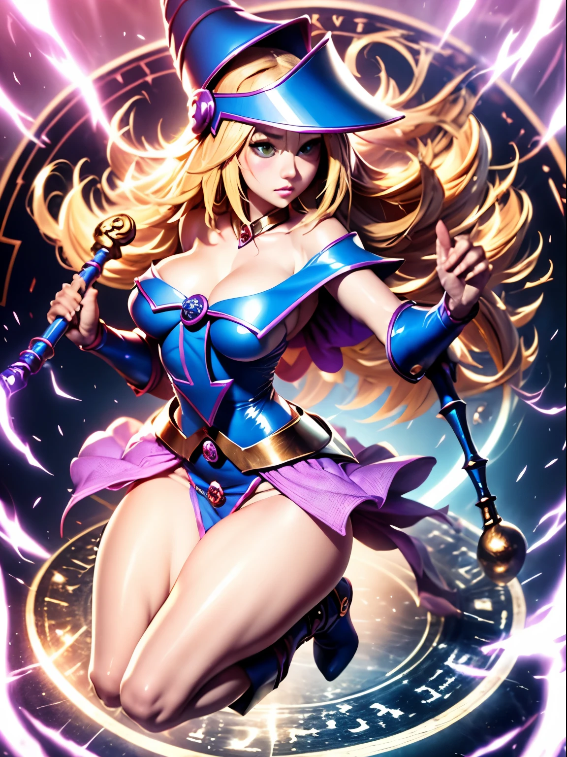 ultra-detailed, extremely detailed, masterpiece, highest quality, best quality, absurdres, highres, dark magician girl, (1girl:1.2), solo, detailed face, dynamic pose, hair flow, (full body:1.1), blonde hair, long hair, looking at viewer, green eyes, skindentation, detailed skin, skin pores, (shiny skin, glossy skin:1.1), rosy skin details, breasts, nail polish, skirt, blue footwear, blue headwear, wizard hat, wand, holding hat, (blue panties:0.9), (summoning circle:1.1), hexagram, pentacle, pentagram, yu-gi-oh!, duel monster, purple magic field, glow, detailed background, intricate background,