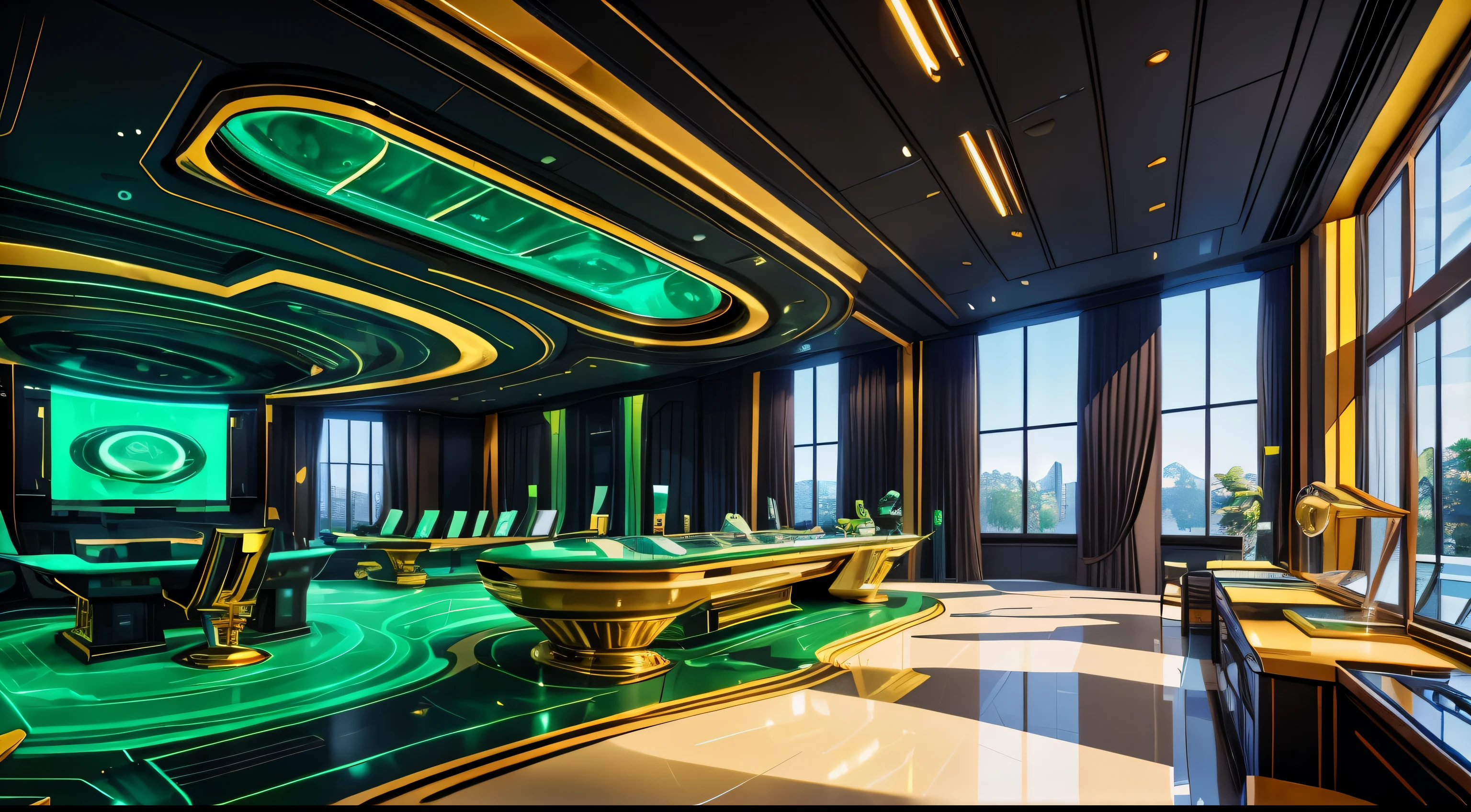 A super futuristic emerald laboratory with gold details