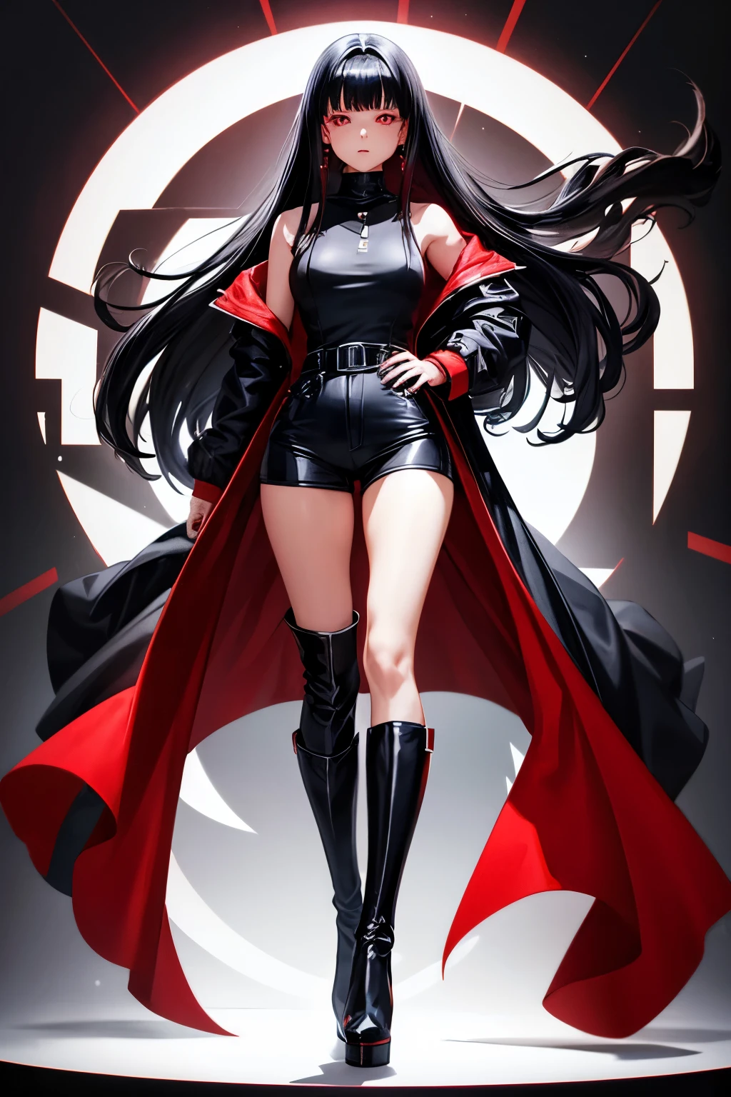 girl with long black hair and red eyes, black sleeveless turtleneck jumpsuit with shorts, red unbuttoned coat with high collar, high black knee-high boots, full body, straight bangs, anime style, black background, covered belly