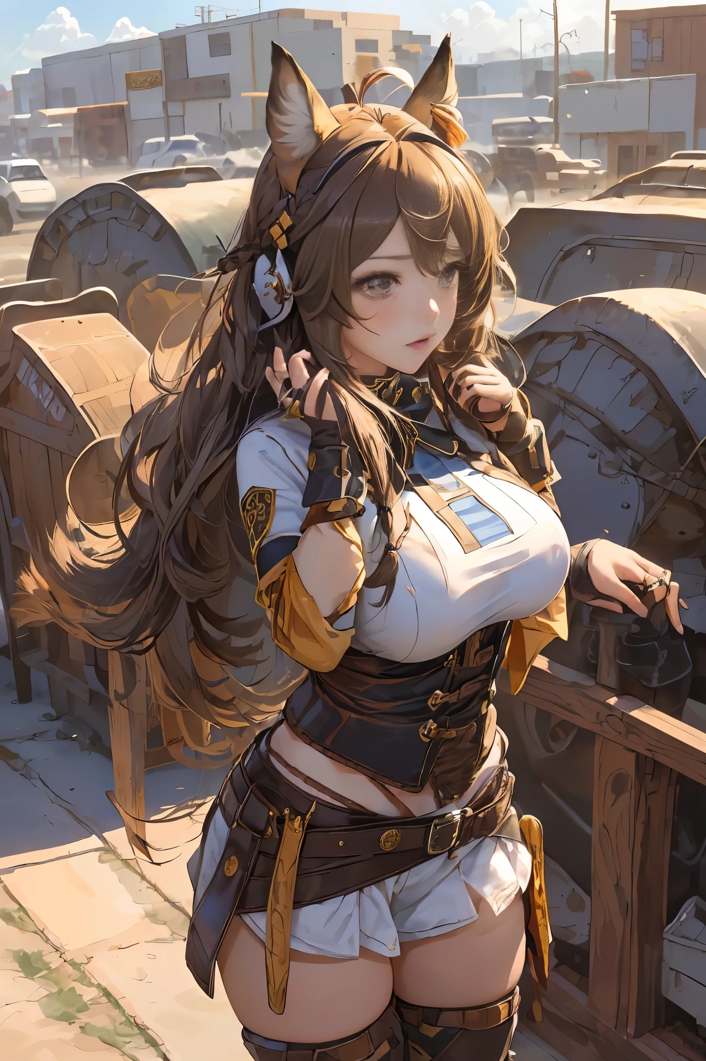 Anime Girl, Cowgirl costume, Colossal tits, Brown hair, perfectly proportions:1.3, ((Long hair)), (hairstyle that doesn't show ears:1.4, Animal ears:1.6), Perfect Anatomy